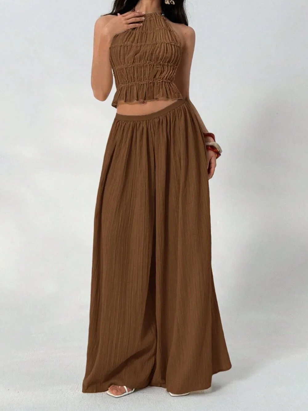 Brown Casual Women's Loose Textured Pants - Picture 6 of 7